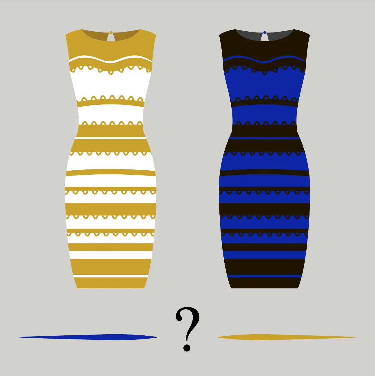 a pair of dresses, the one on the left is white with gold stripes, the one on the right is black with blue stripes