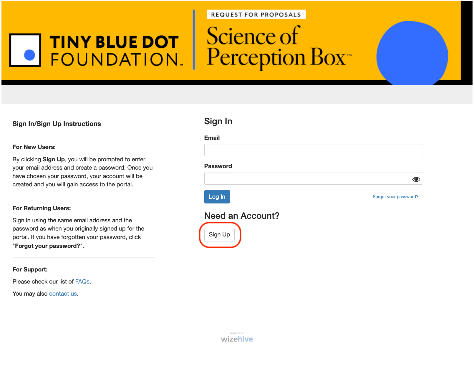 Step 1: Select “Sign Up” to create a portal account.