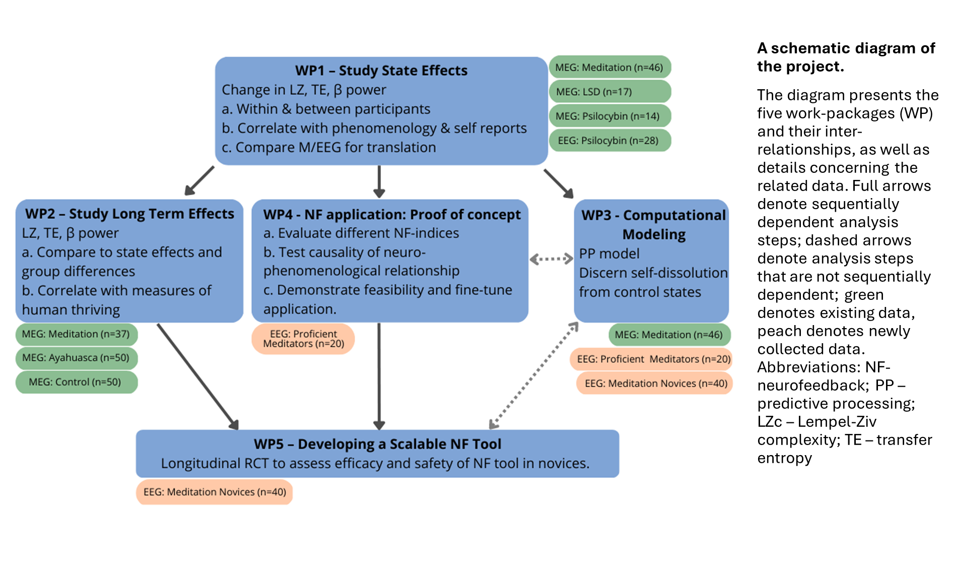 Flowchart detailing a research framework with five work packages (WP1-WP5) focusing on meditation, neurofeedback, and computational modeling.