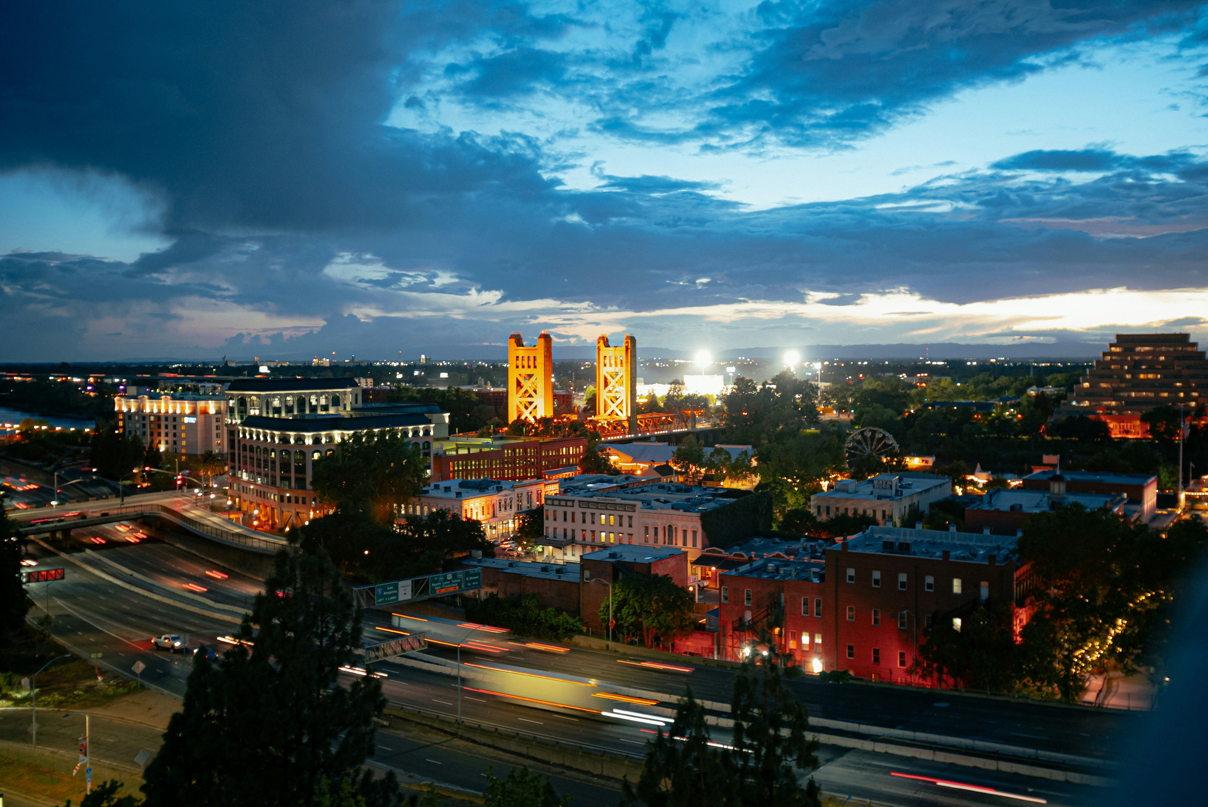 Sacramento, California Skyline, with buildings and  and busy street