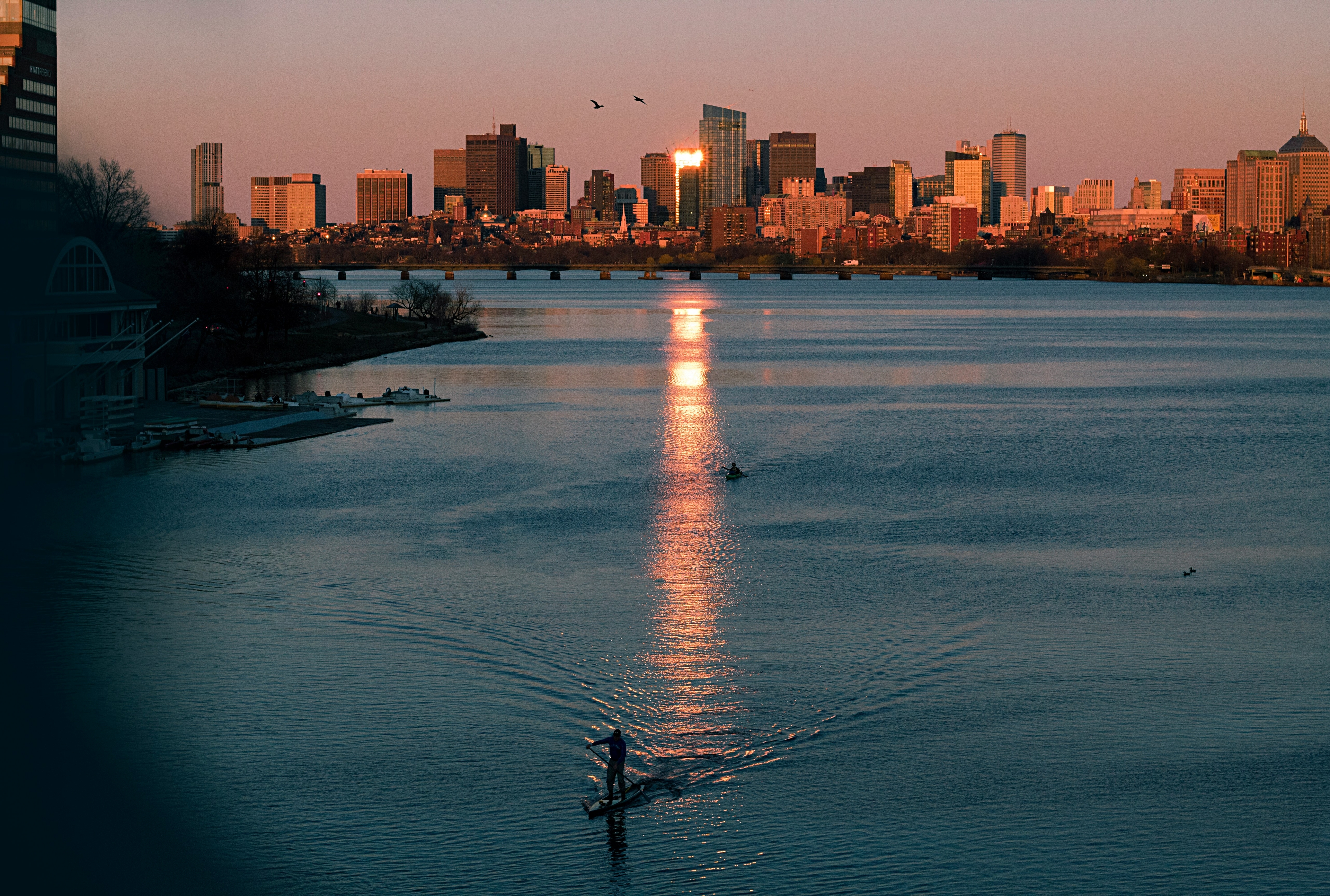 Paddleboarder on a river at sunset with Boston skyline in the background