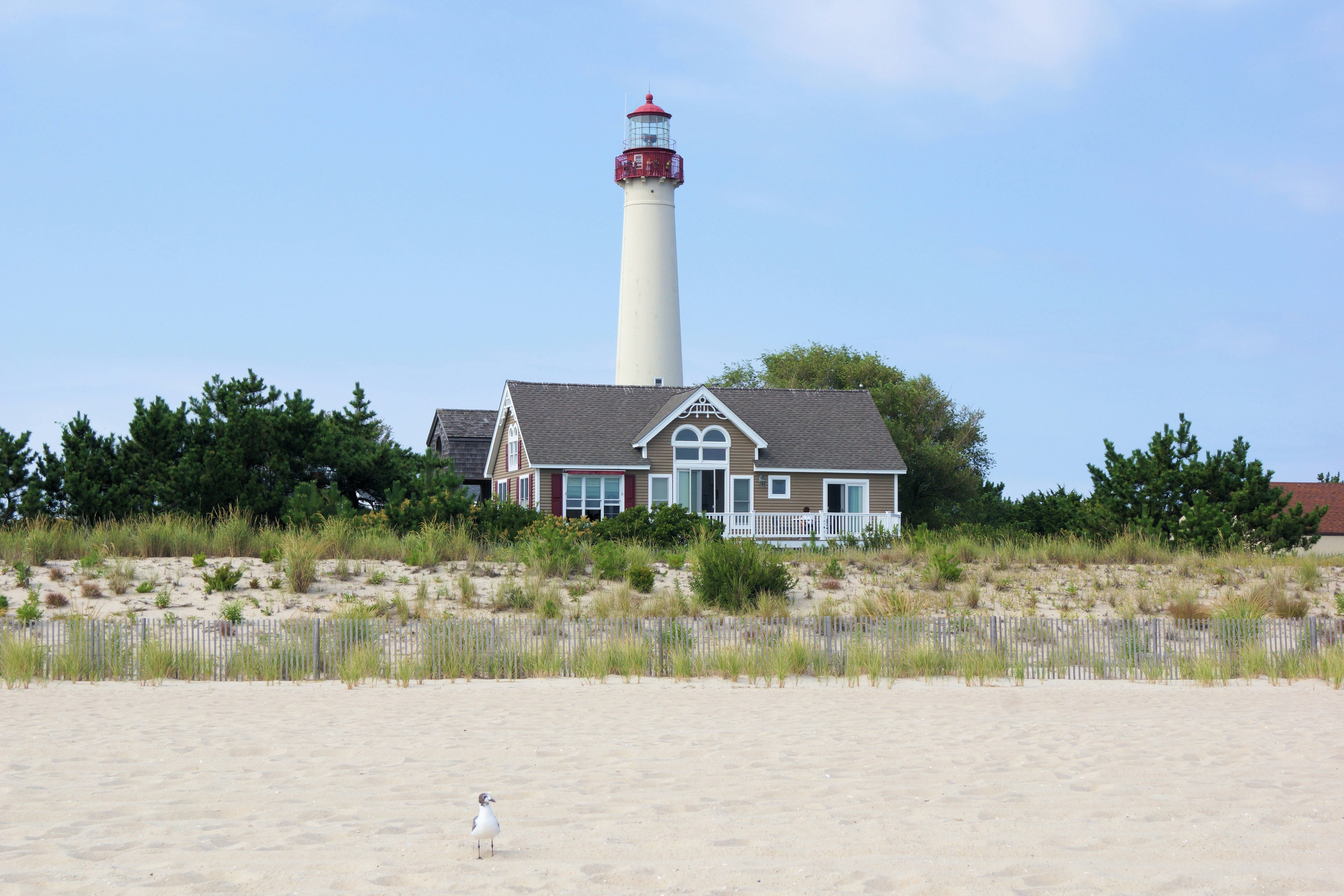 A house in Cape May, New Jersey, with a sandy beach and a lighthouse in the background.