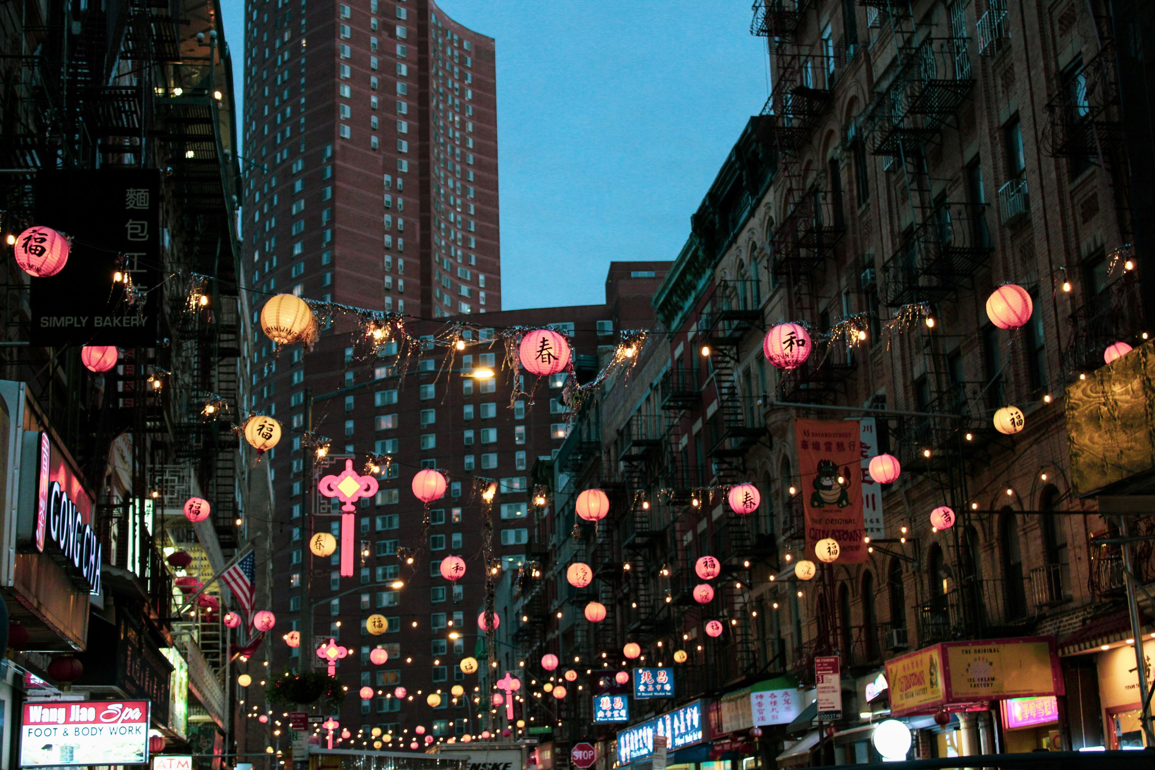 Main street chinatown in New York City highlighting the rice lamp installments