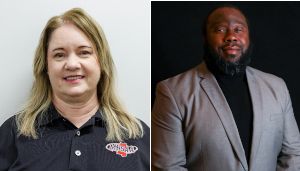 Two people are pictured side by side. The person on the left wears a black shirt, and the person on the right wears a gray suit and black shirt.