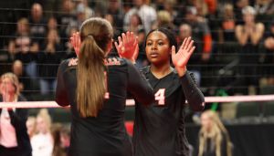 Two volleyball players in black jerseys high-five at the net during a match, with a blurred crowd in the background.