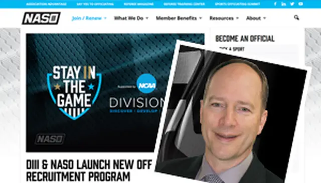 Website screenshot featuring NASO's recruitment program announcement and a portrait of a smiling man in a suit.