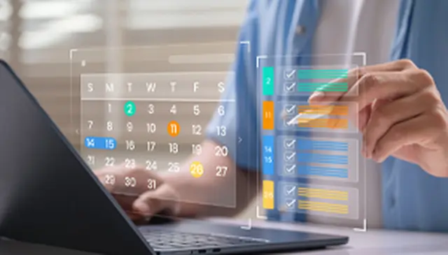 Person interacting with a digital calendar and checklist on a laptop screen, highlighting organization and planning.