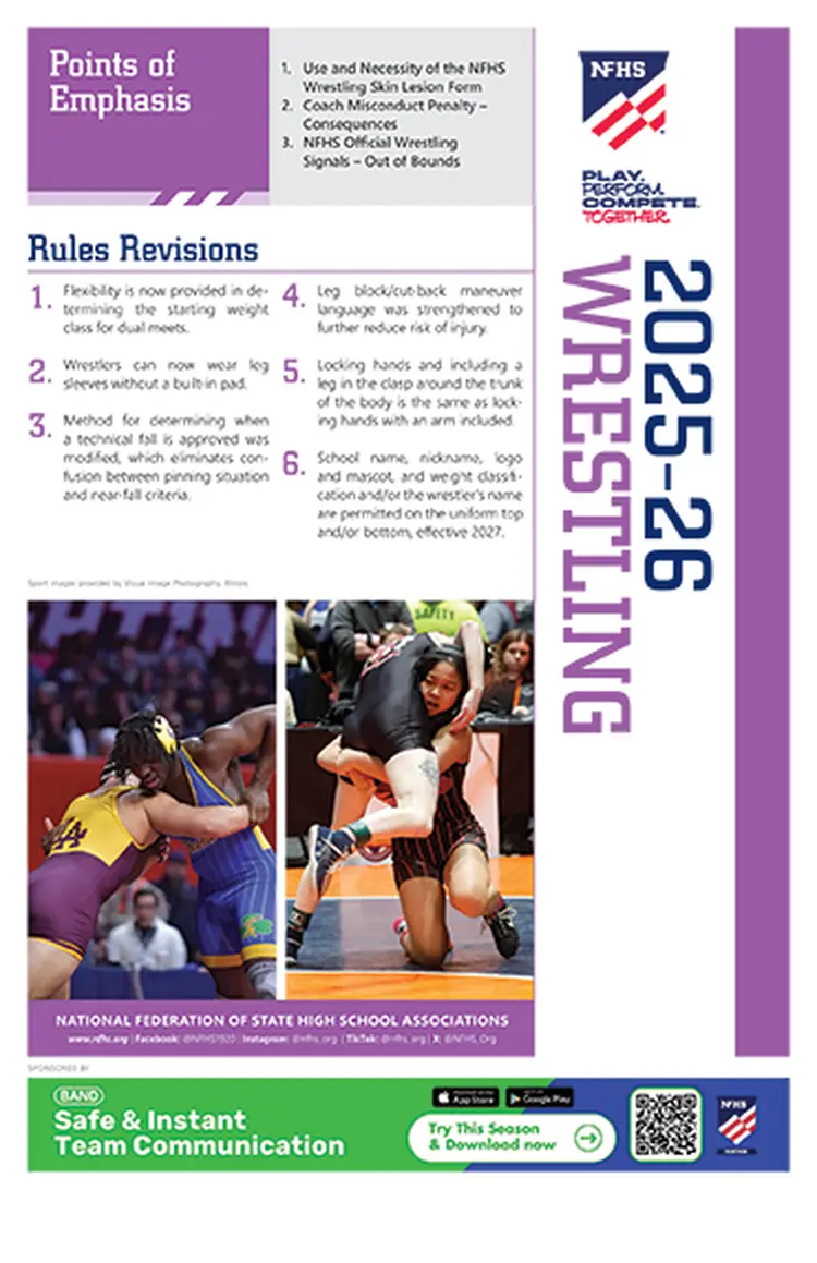2025-26 Wrestling rules poster with points of emphasis, rules revisions, and NFHS logos. Includes images of wrestlers and a QR code for more info.
