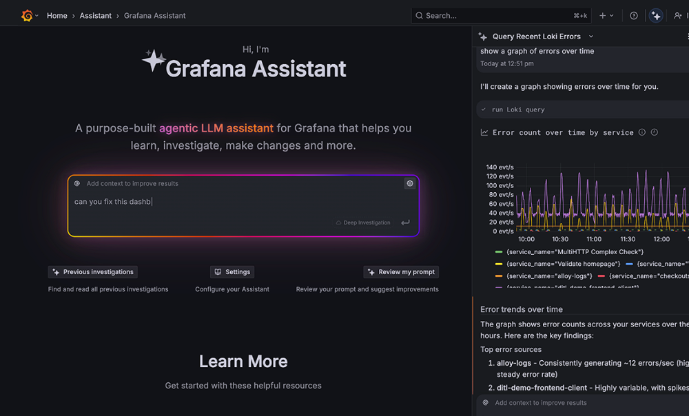 Grafana dashboard with AI features