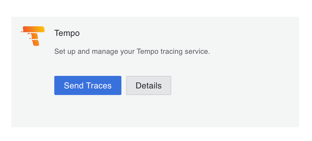 Interface for Tempo setup, featuring a logo, brief instructions, and two buttons labeled 'Send Traces' and 'Details.'