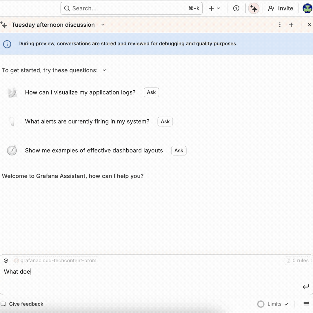A short video showing someone asking Assistant how to add on-call schedules in Grafana Cloud IRM