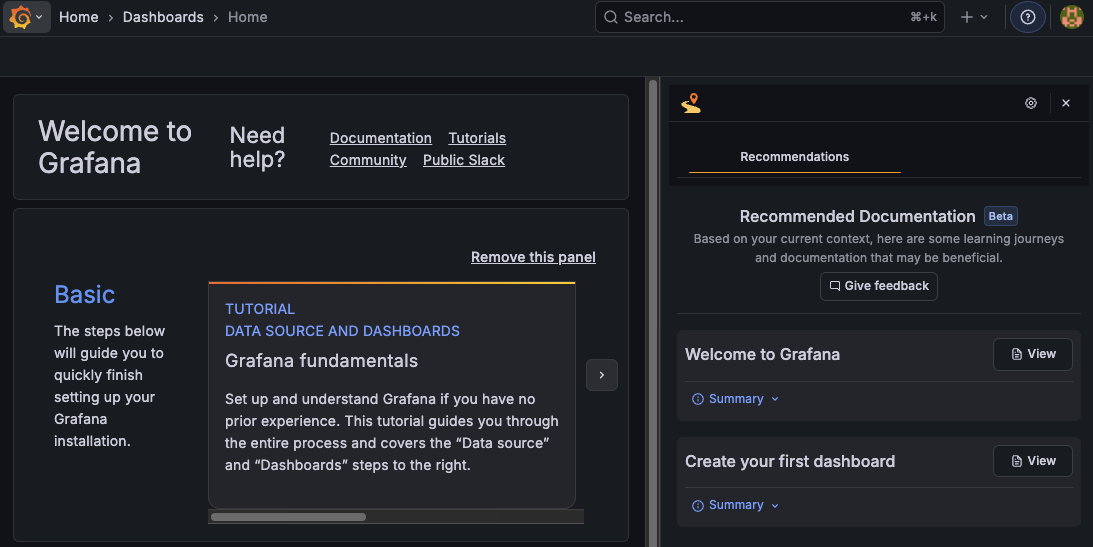 A screenshot showing the Recommended Documentation feature for Interactive Learning in Grafana.