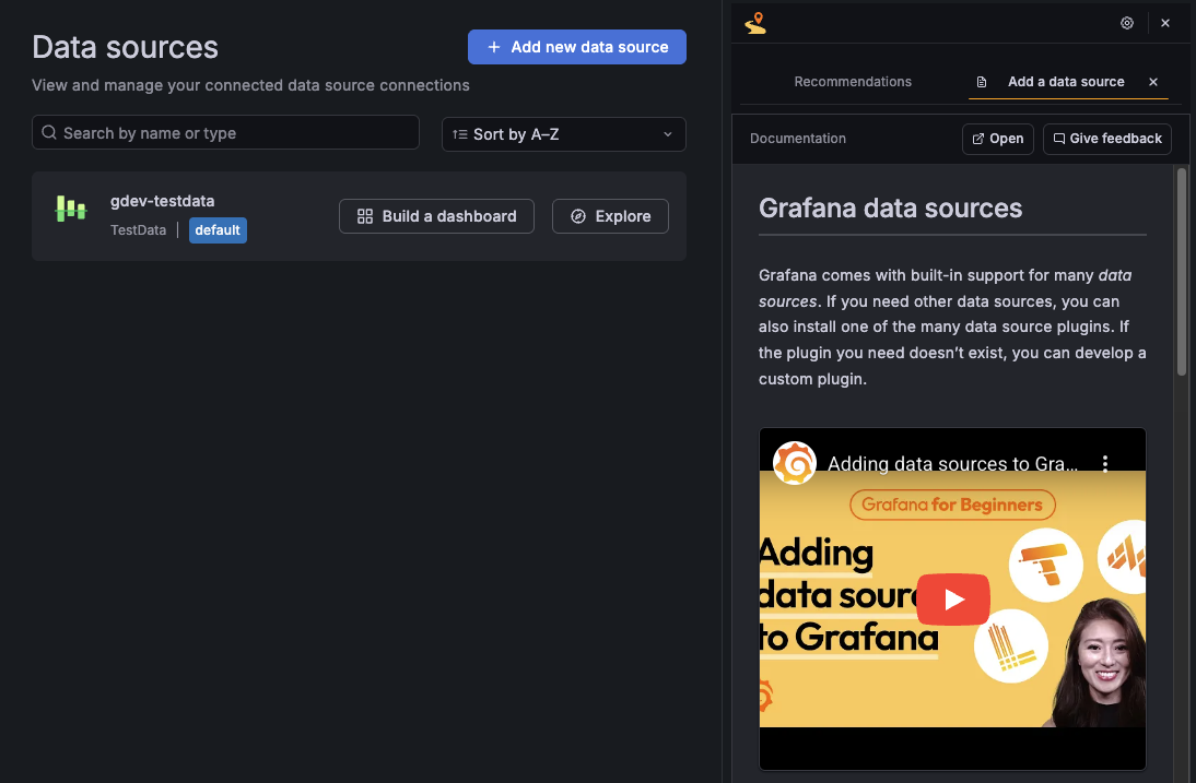 A screenshot of the Grafana UI showing documentation text and video resources for Grafana data sources.
