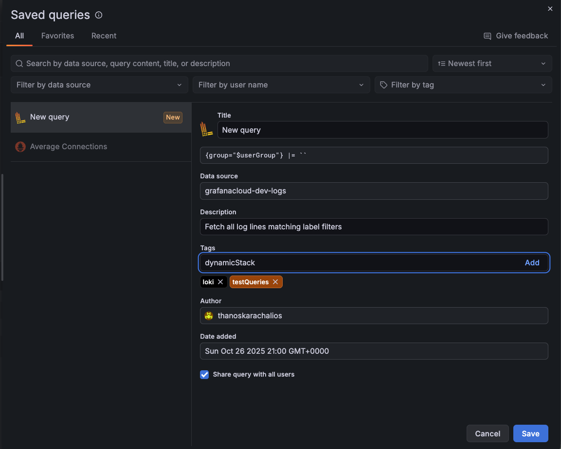Screenshot of the 'Saved queries' drawer showing a query setup with fields for title, description, tags, author, and date.