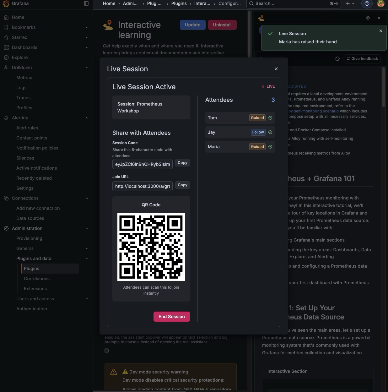 A screenshot of the Grafana UI with a box that says 'Live Session' and a QR code.