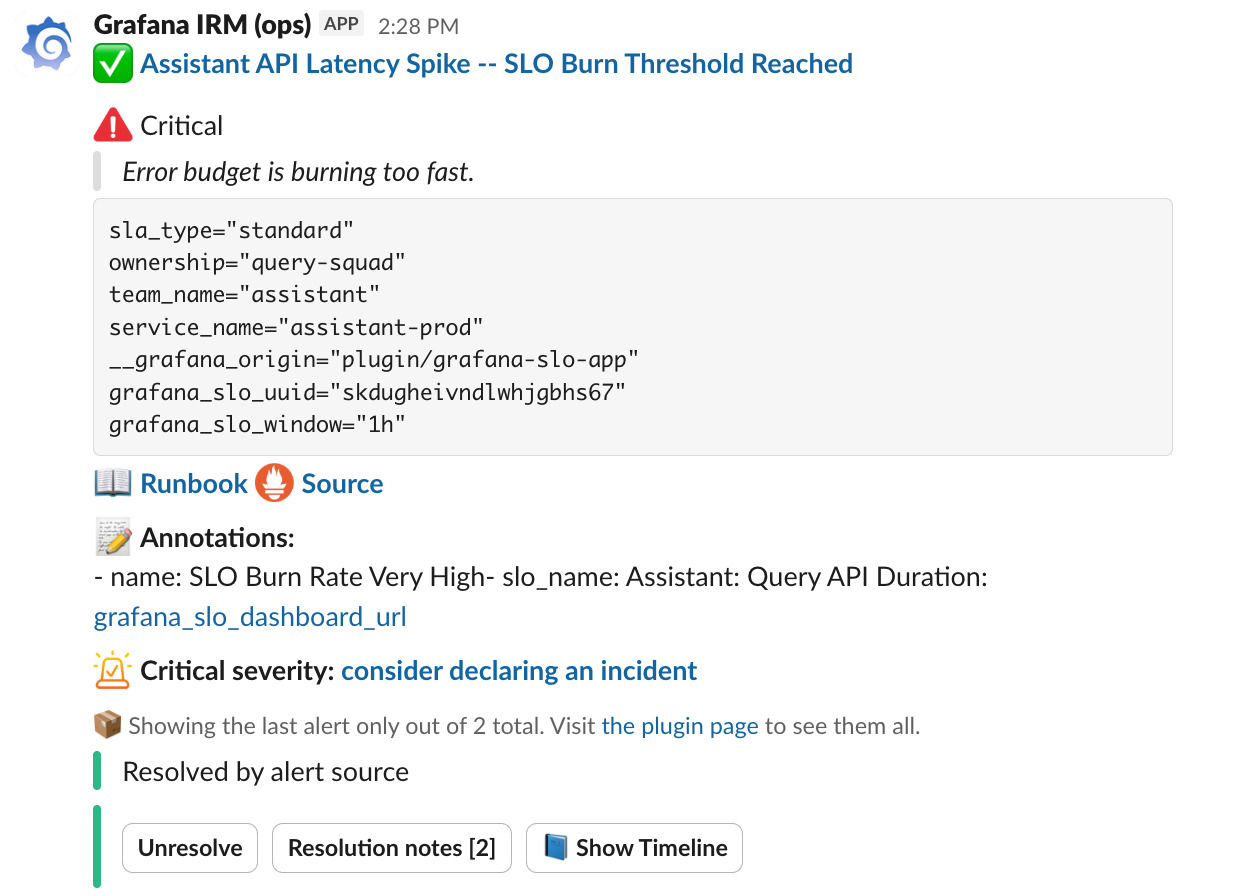 Slack notification showing a critical alert for an Assistant API latency spike. Includes details like SLO type, owner, and Grafana link.
