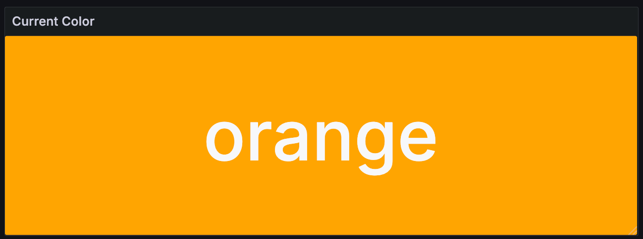 A stat panel with a bright orange background and the word 'orange' in bold white text, displayed under the label 'Current Color.'