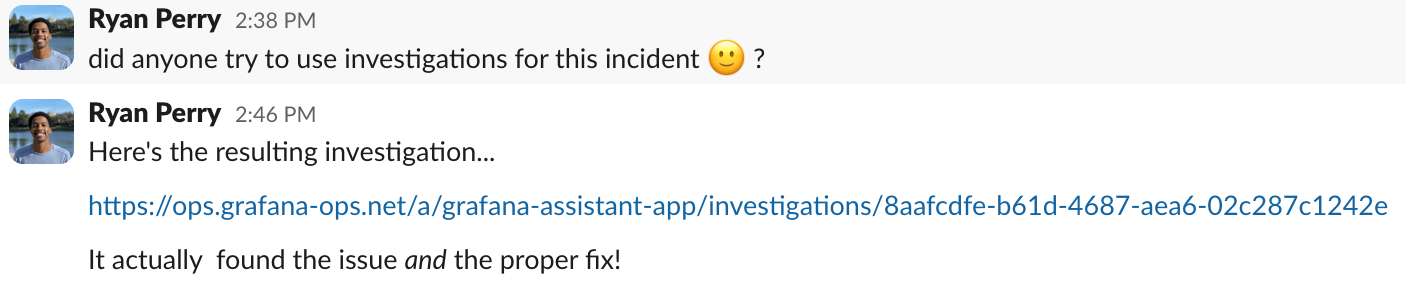 Chat exchange about using investigations for an incident, with a link to the investigation results and a comment on finding the issue.