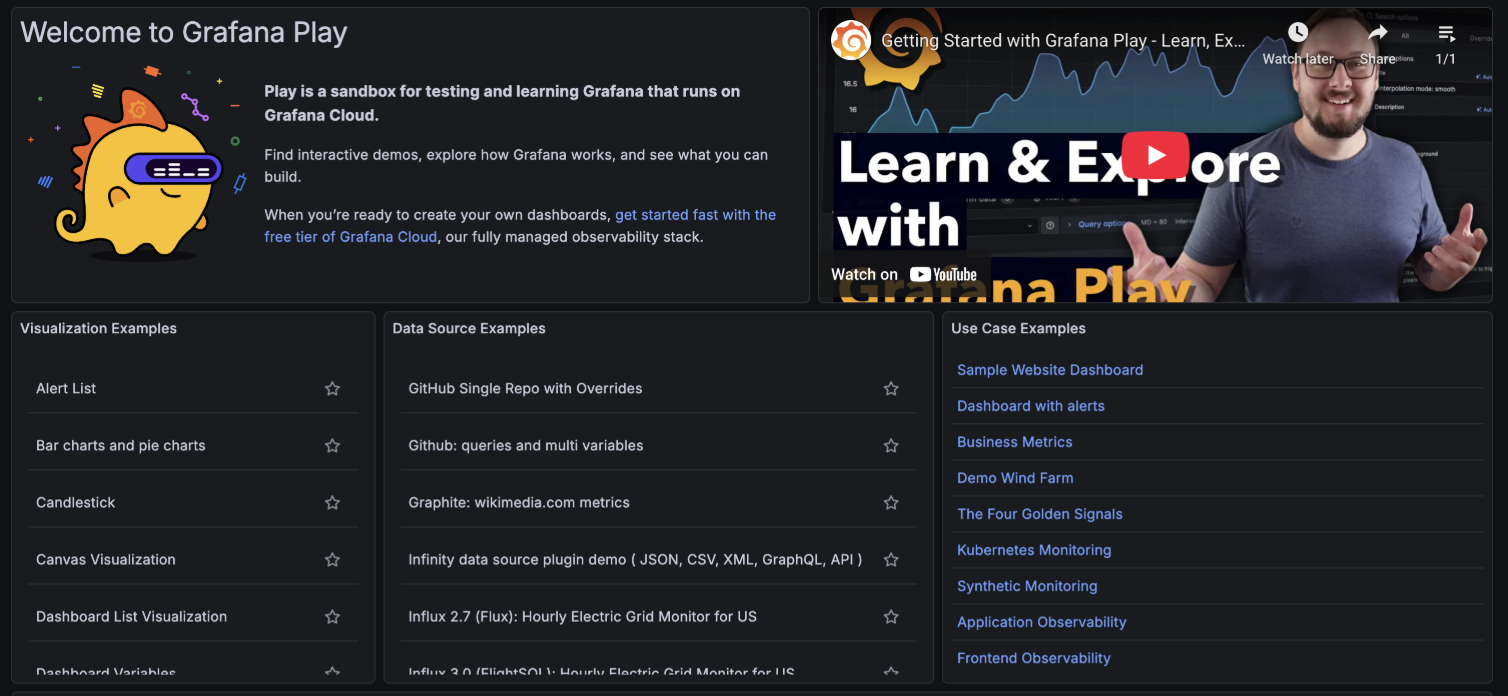 A screenshot of the old Grafana Play homepage, displaying a video thumbnail and lists of visualization, data sources, and use case examples.