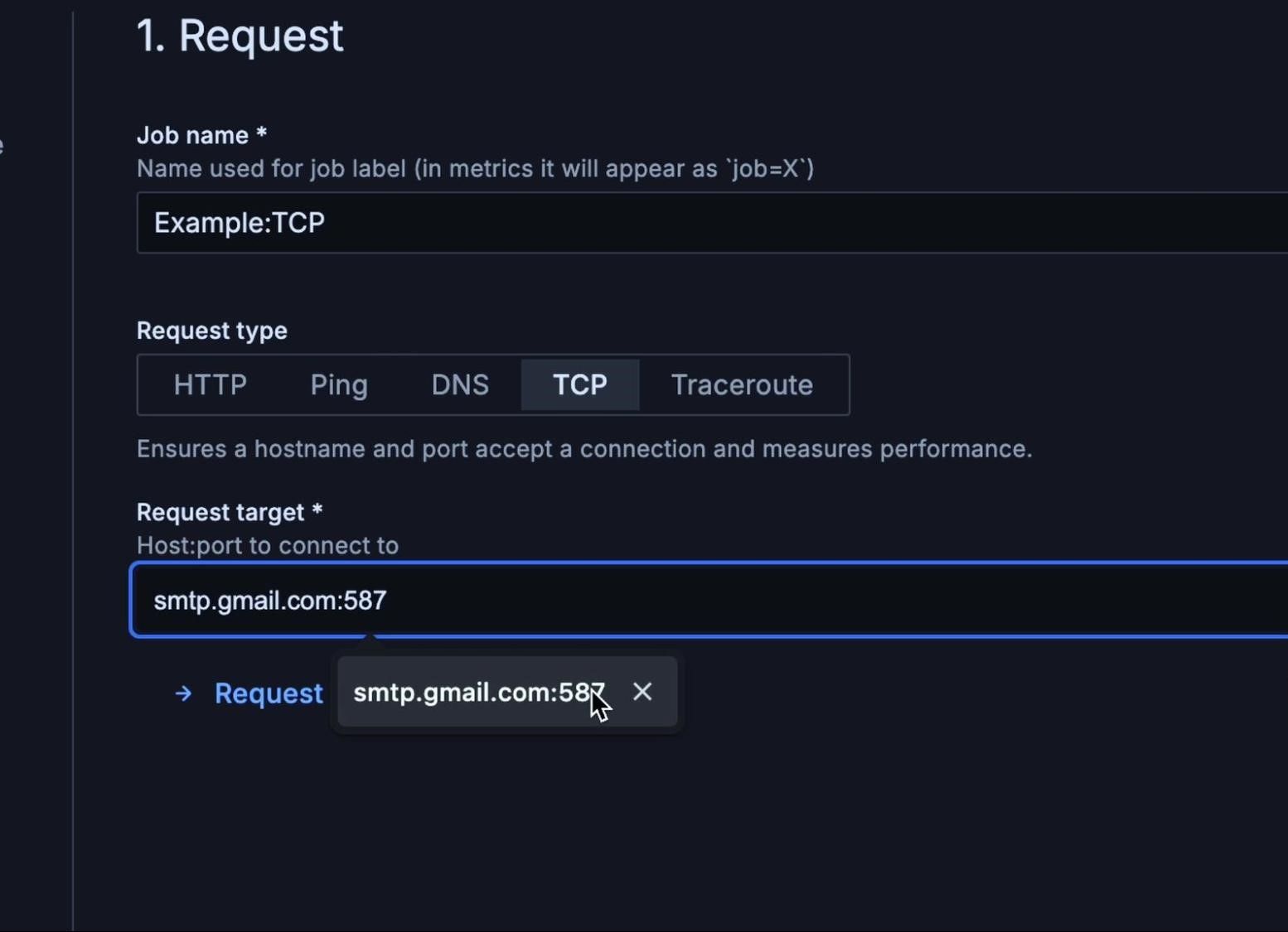 A Grafana Cloud interface displaying a request form for testing a TCP connection to smtp.gmail.com on port 587, with a 'Request' button below.