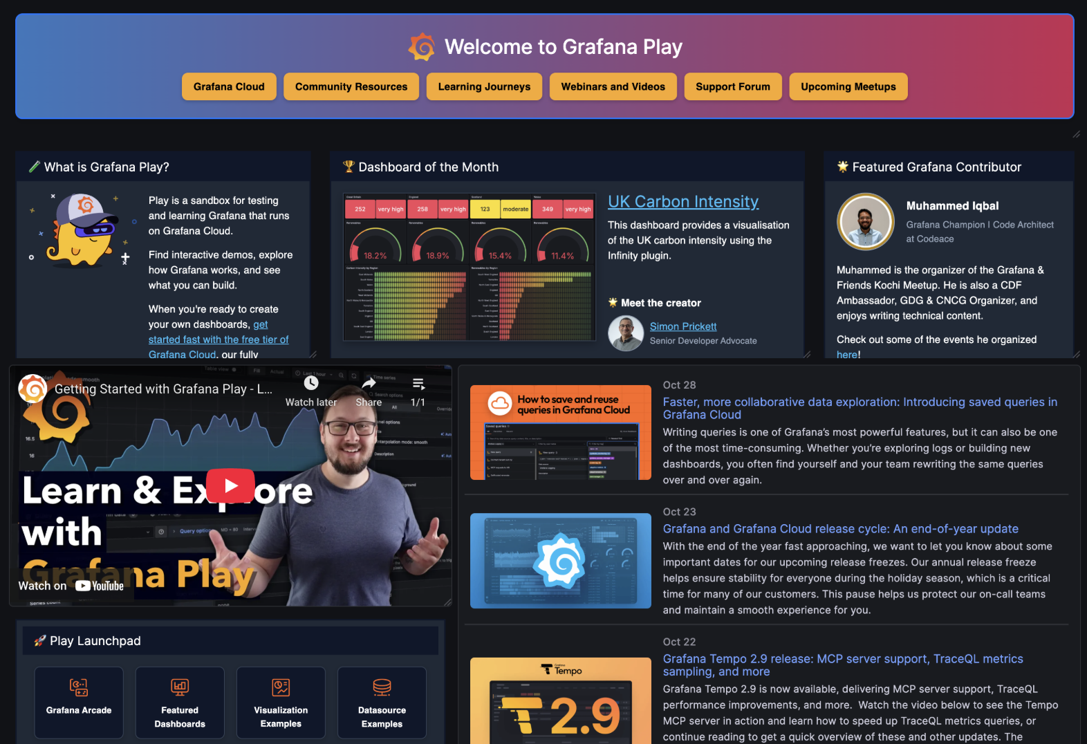 A screenshot of the new Grafana Play homepage, featuring colorful widgets, a video tutorial, and contributor highlights.