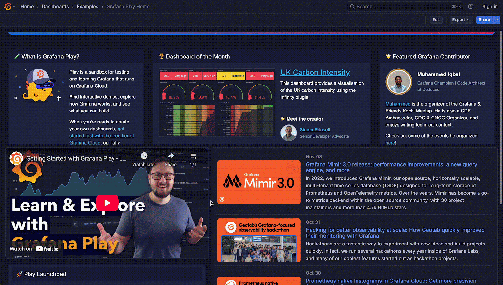A GIF showing the Grafana Play homepage, scrolling through featured dashboards and contributors, a video tutorial, and more.