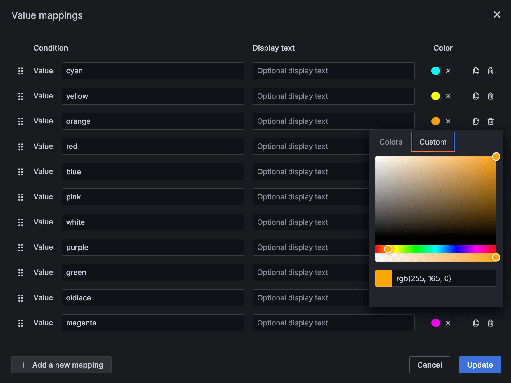 Grafana Cloud interface showing value mappings with color options. A color picker is open, displaying RGB (255, 165, 0) for orange.