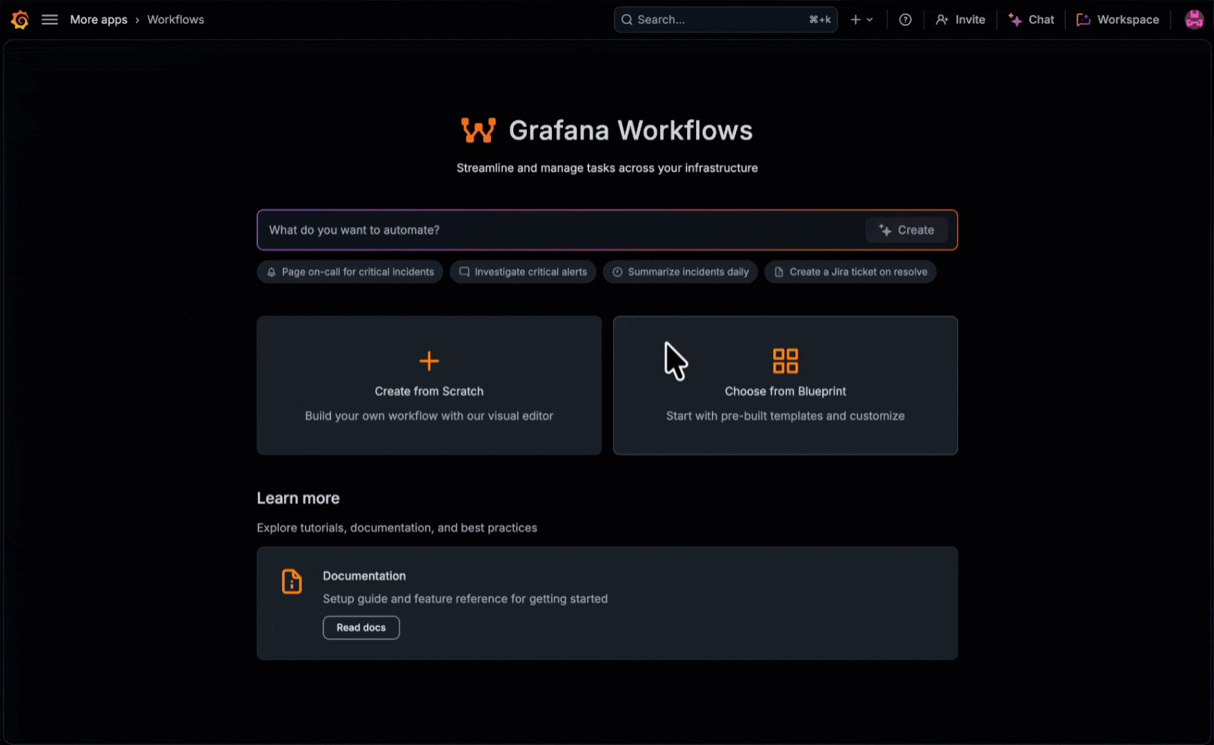 A GIF showing Grafana Workflows, which gives you gives you event-driven automation that connects actions across Grafana Cloud and your other tools, with Grafana Assistant available for steps that need analysis or writing.
