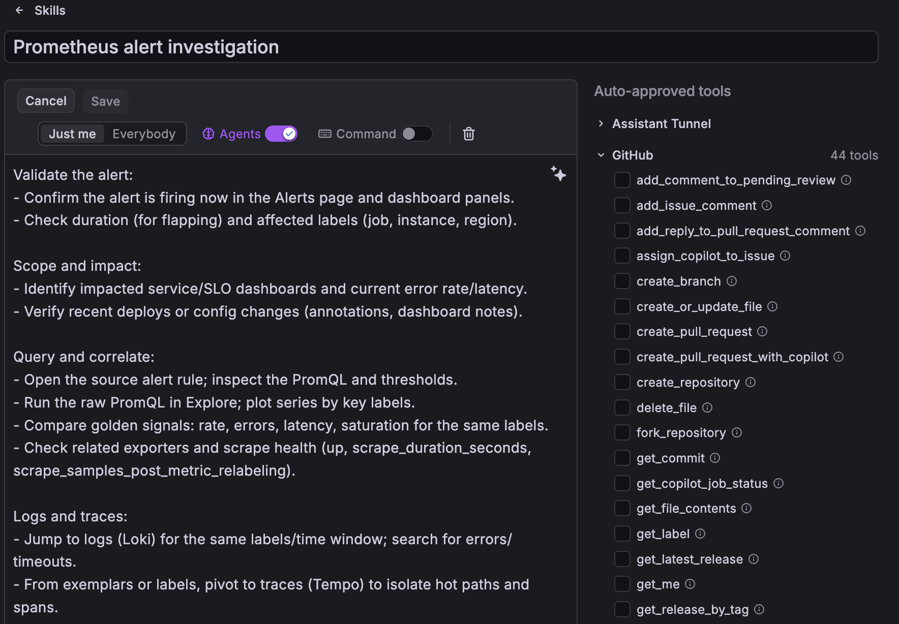 Interface de criação de skill no Grafana Assistant