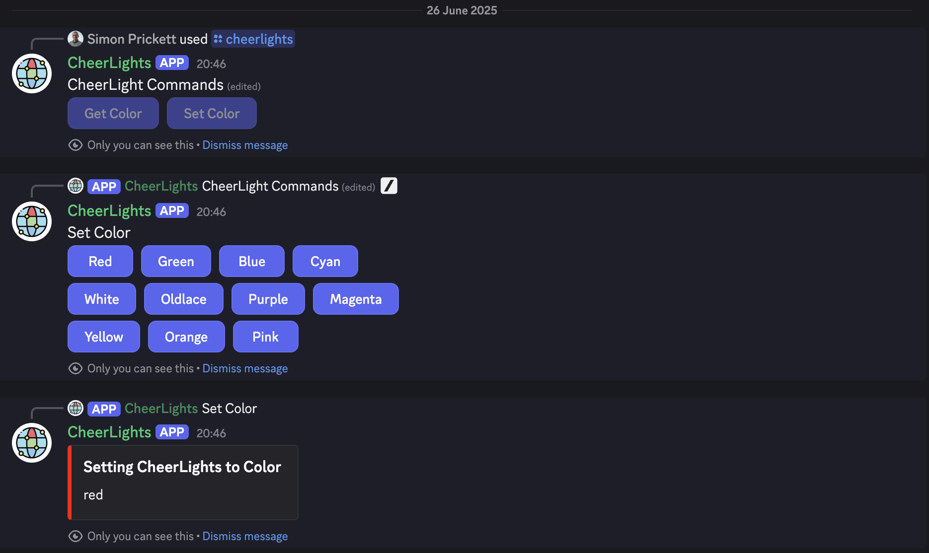 Chat interface showing CheerLights commands with color options like Red, Green, and Blue. A message sets CheerLights to red.