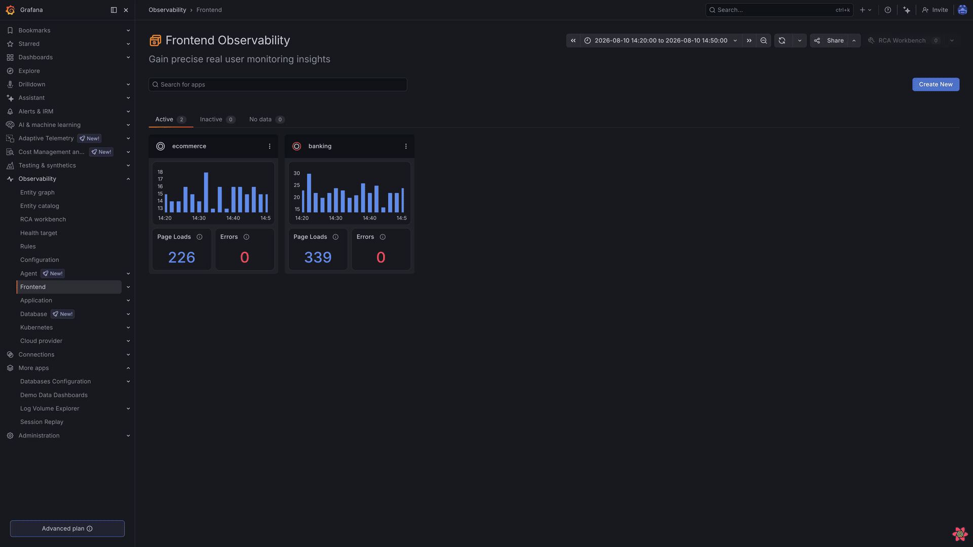 Filtering Grafana Bank sessions in Frontend Observability by user action and username.
