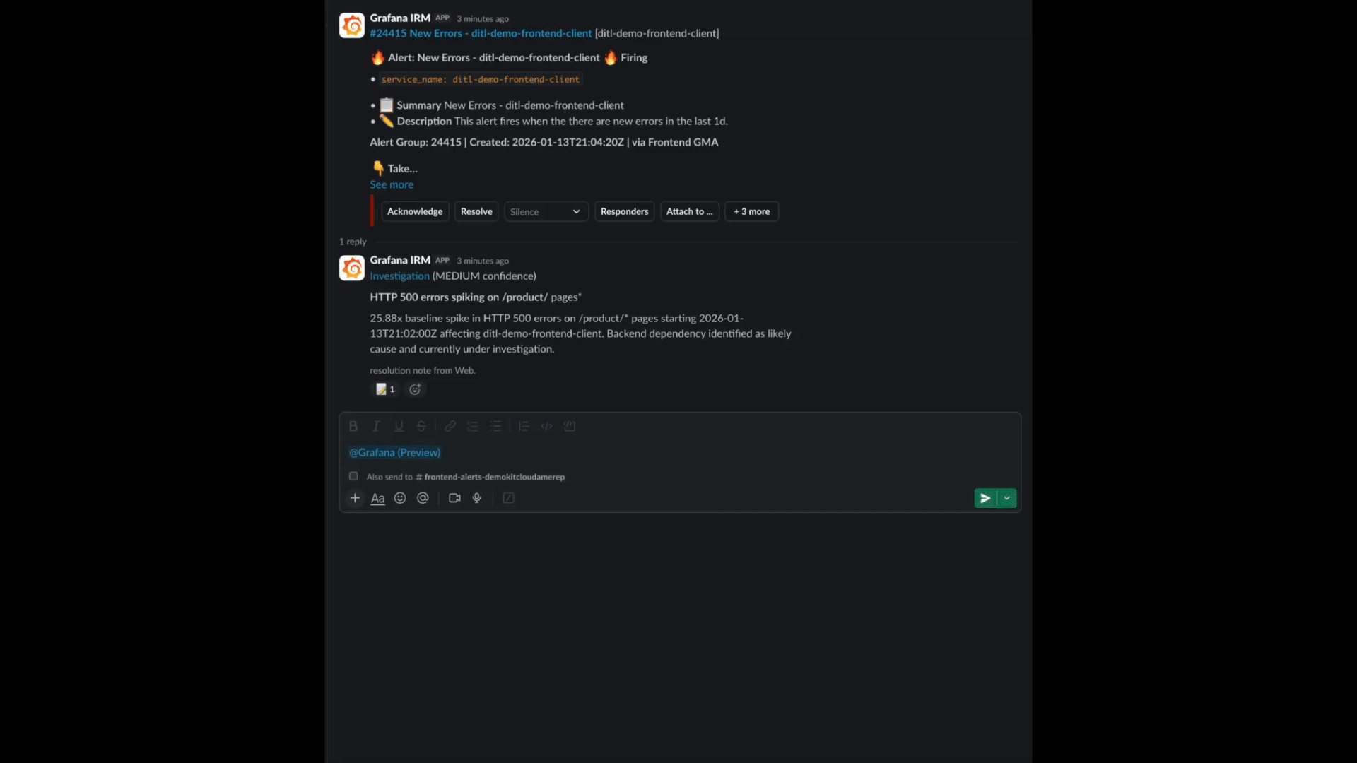 A screen recording of the Grafana Cloud Slack app on a phone