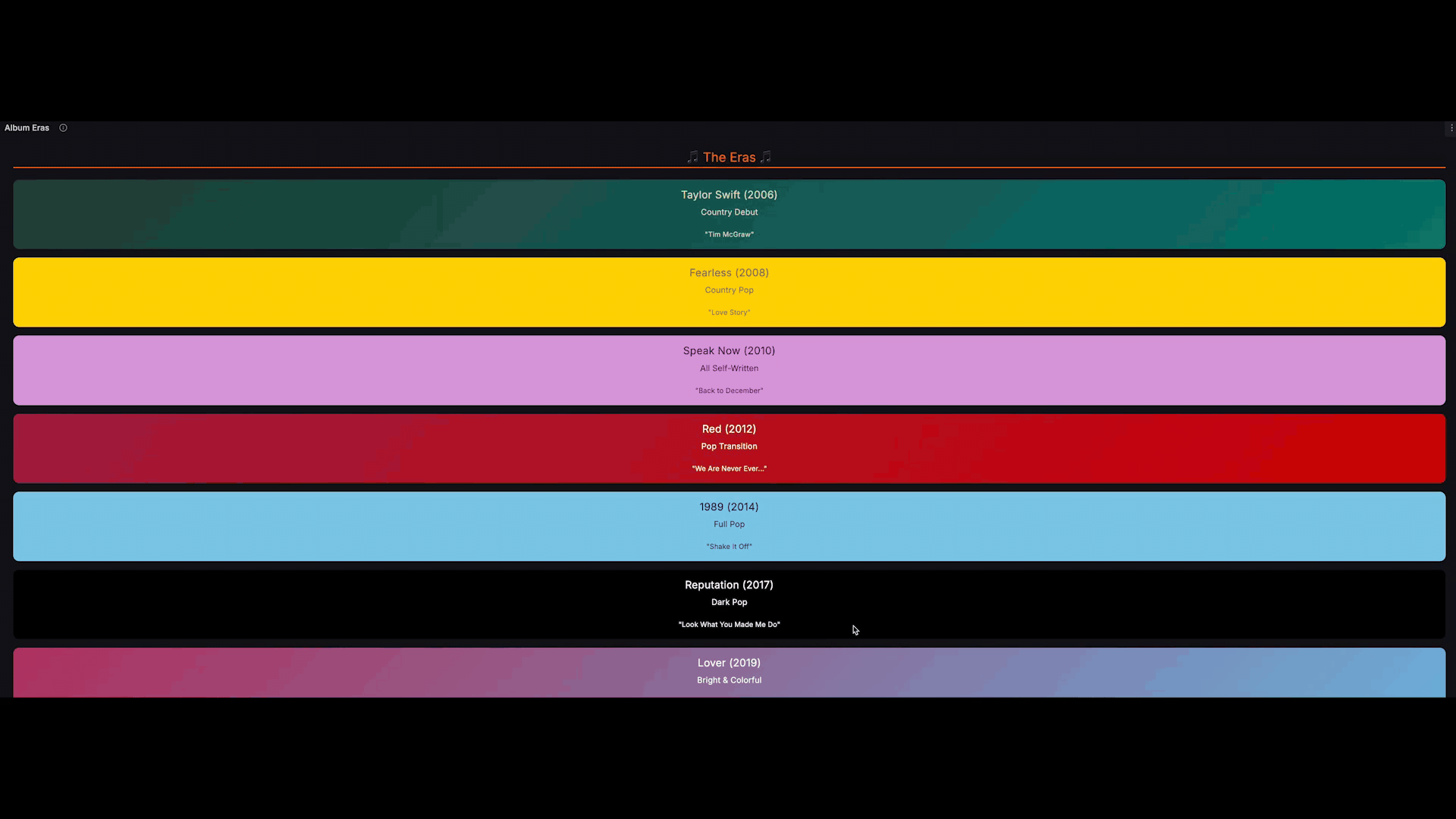 A gif scrolling through colorful text panels representing Taylor Swift's different musical eras.