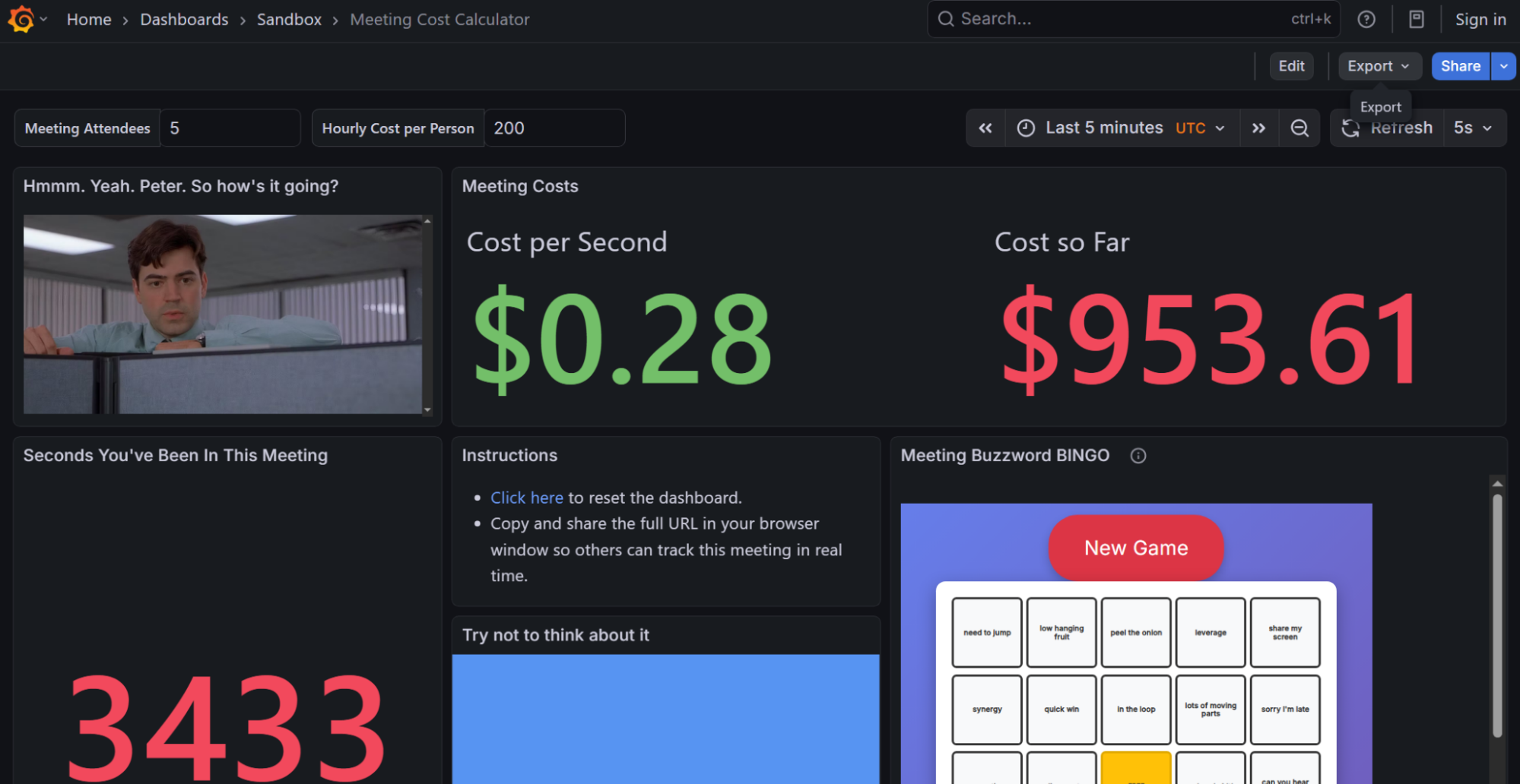 A Grafana dashboard showing meeting cost per second, total meeting cost, and a buzzword bingo game.
