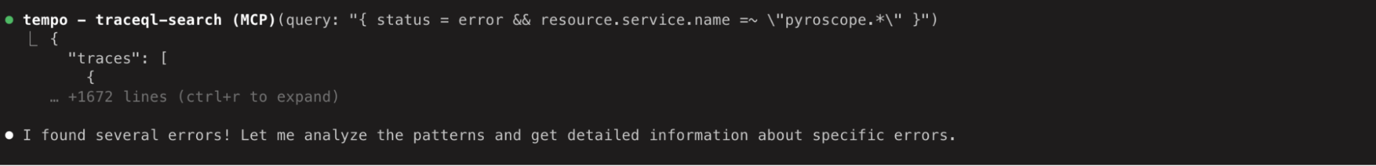 A screenshot showing a search query for errors, with a message indicating multiple errors found.