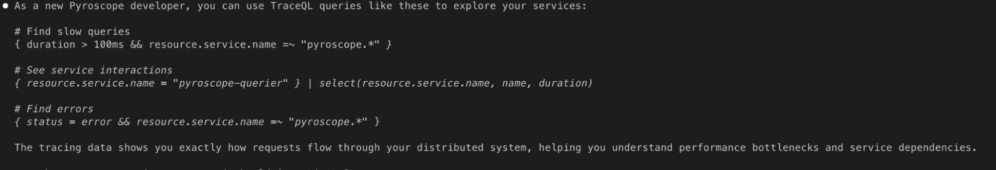 Code snippet showing TraceQL queries for finding slow queries, service interactions, and errors in a distributed system.