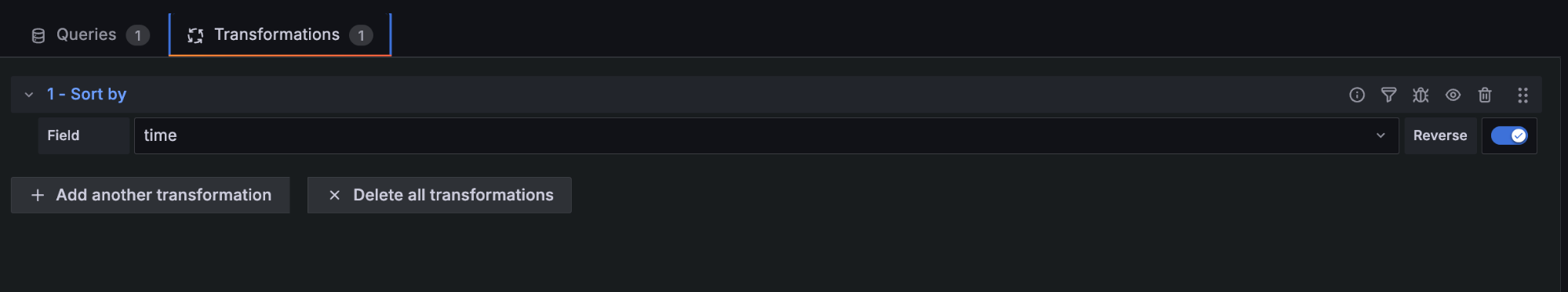 Grafana Cloud UI showing a 'Sort by' transformation in progress, with 'time' selected as the field and reverse option toggled on.