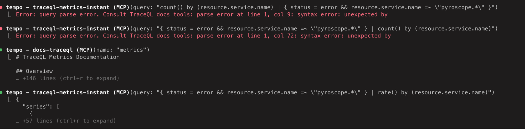 A screenshot showing syntax errors in a query.