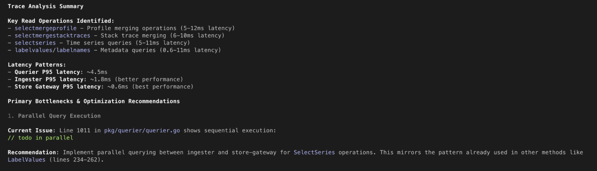 A screenshot of a trace analysis summary highlighting key operations, latency patterns, bottlenecks, and a recommendation for parallel query execution.