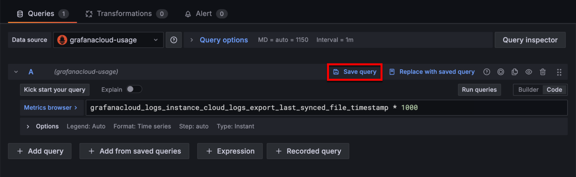 Screenshot of a Grafana Cloud interface showing a query editor with a query in progress. A 'Save query' button is highlighted in red.