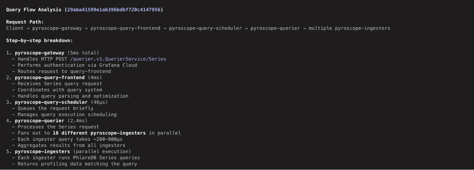 Flow analysis diagram showing a step-by-step breakdown of query path.