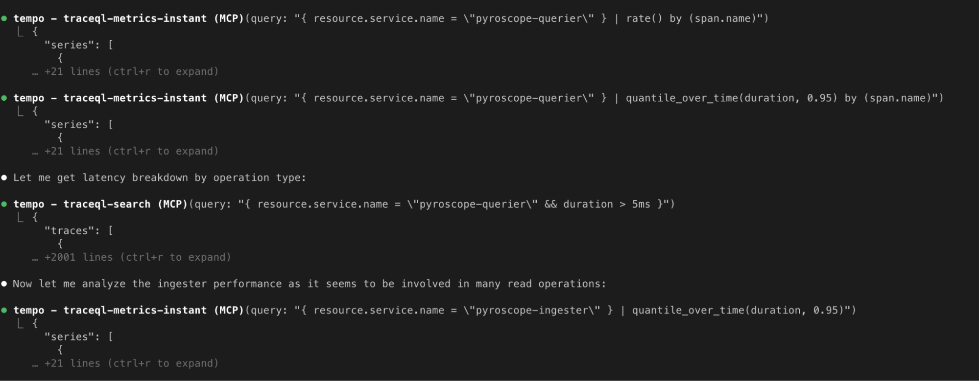 A screenshot of code snippet showing queries for analyzing latency and request rates.