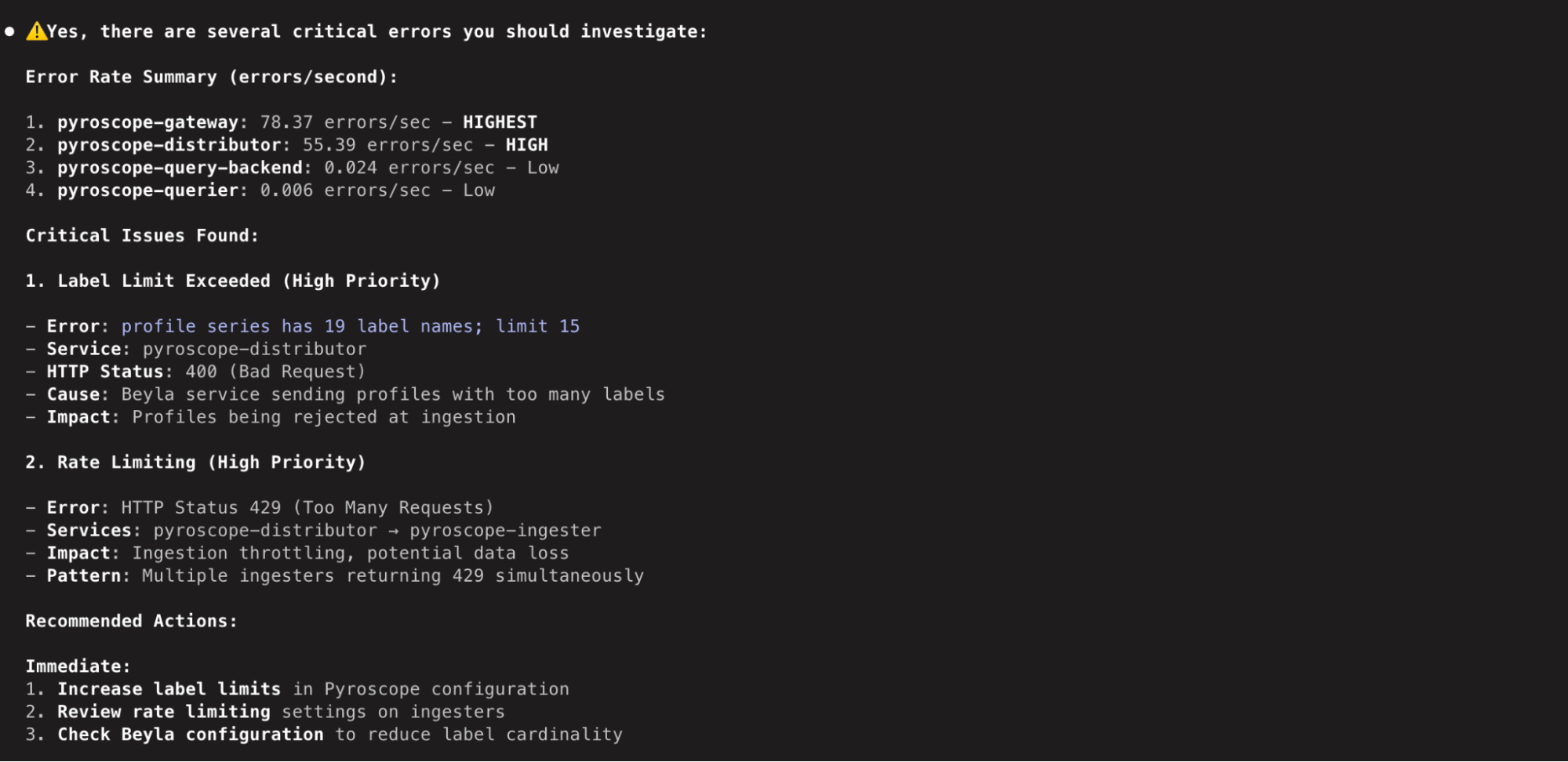 A screenshot of a console displaying error messages and warnings about critical issues.