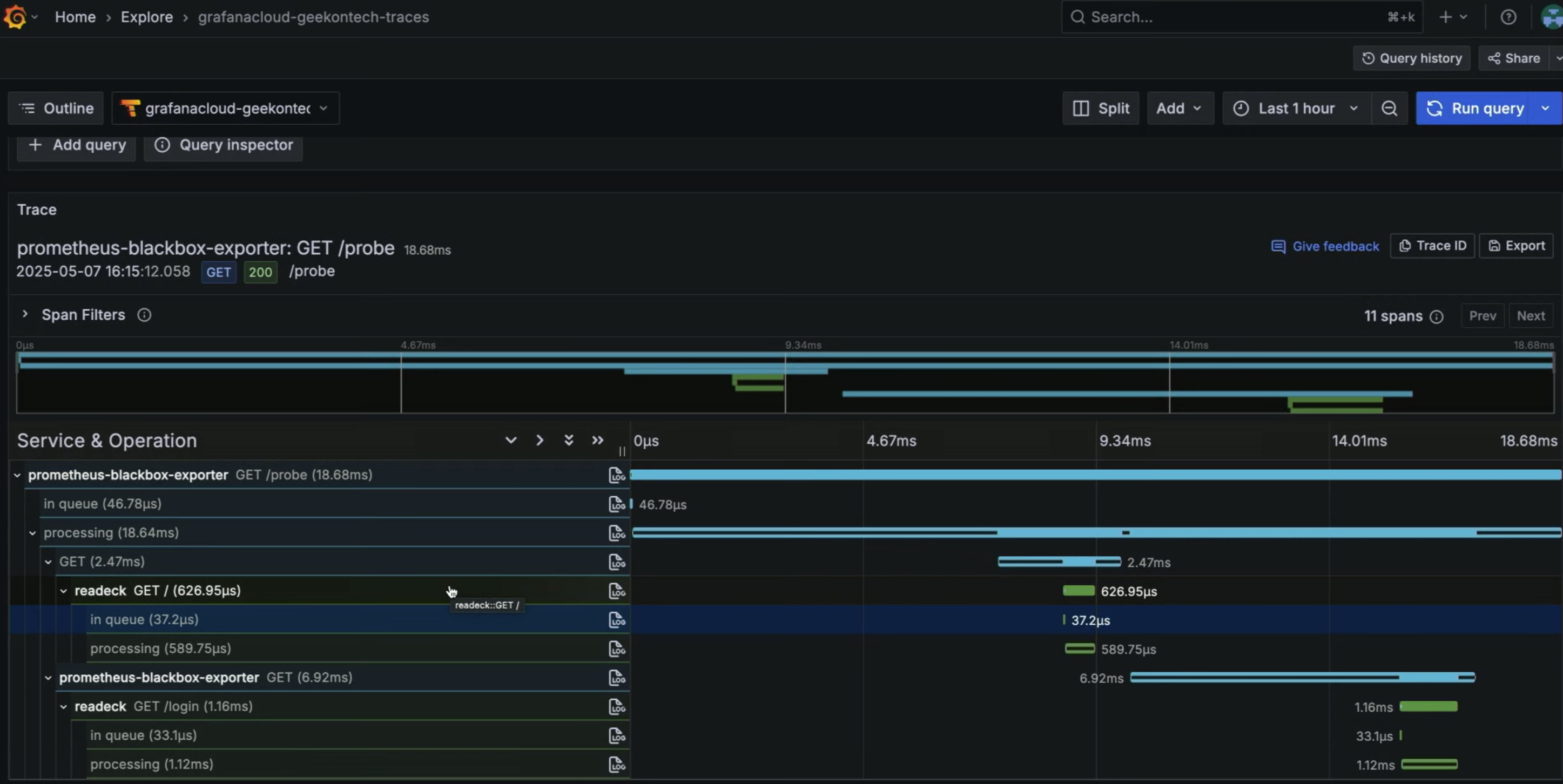 A screenshot of the distributed tracing demo that was part of the session. A software trace interface showing a timeline with various colored bars, indicating different processes and their durations.