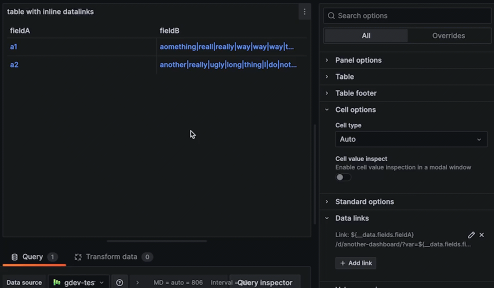 Gif of table inline links for Grafana