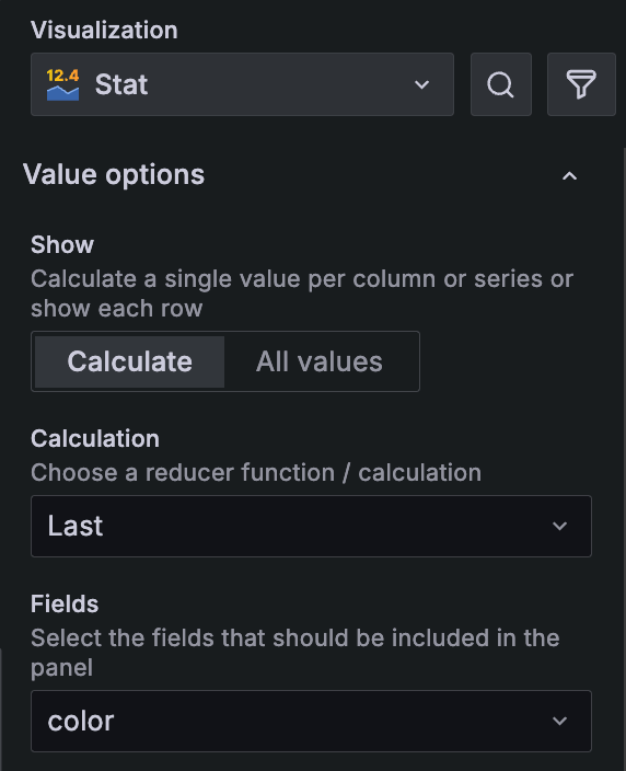 Grafana Cloud interface showing visualization options with a dropdown for 'Stat,' calculation settings, and a 'Calculate' button for data analysis.