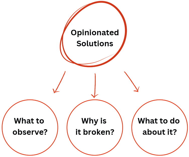 Flowchart with 'Opinionated Solutions' leading to three questions: 'What to observe?', 'Why is it broken?', and 'What to do about it?'.