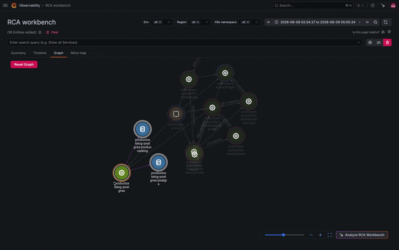 A GIF showing how you can jump from the workbench to a database’s logs to find a root cause.