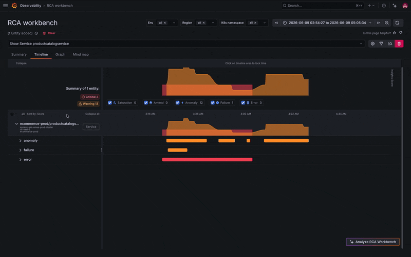 A GIF showing how you can explore a service's connected entities, including microservices and its frontend component, directly from the workbench.
