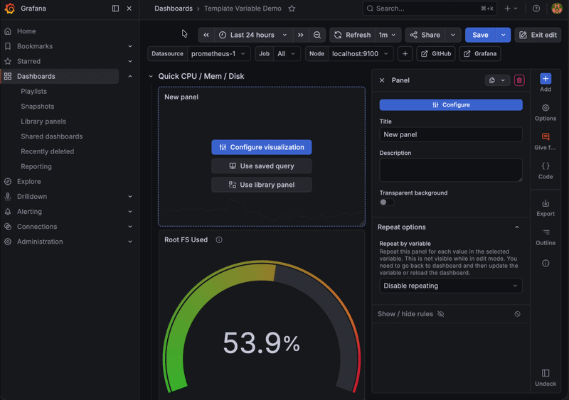 A GIF showing the process for creating a panel from a saved query.